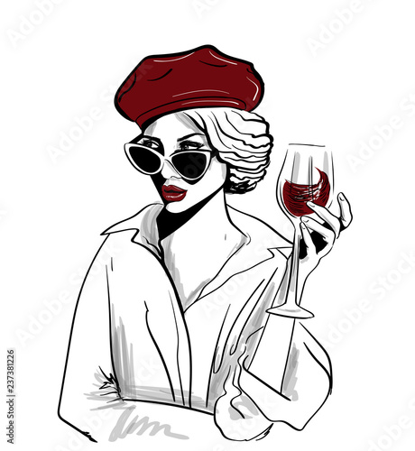red beret woman with glass of wine