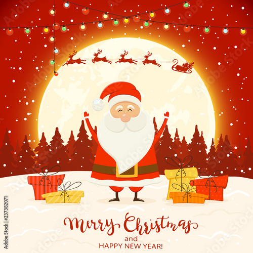 Santa on Red Winter Background with Gifts and Christmas Lights