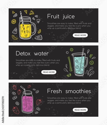 Collection of web banner templates with smoothies, juices, detox water, cockt...