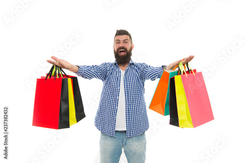 brutal caucasian hipster with moustache. Bearded man with shopping bags.. Shopping sale. Male barber care. Black Friday. Cyber Monday. Mature happy hipster with beard. Online shop
