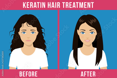 Hair care. Before and after keratin treatment. Split ends, damaged hair, straightening hair. Vector