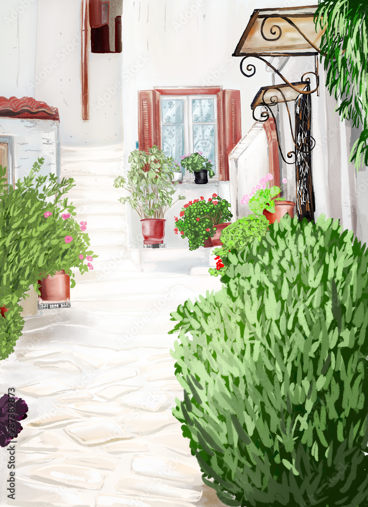 Naklejka premium Sketch of village in Athens. Anafiotika under the Acropolis,Athens Greece.