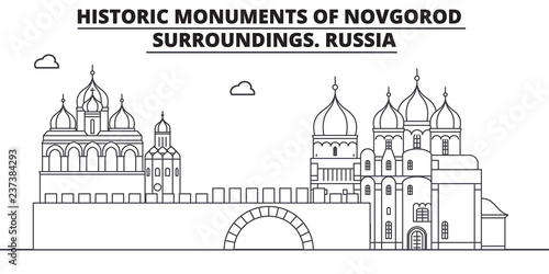 Russia - Novgorod travel famous landmark skyline, panorama vector. Russia - Novgorod linear illustration