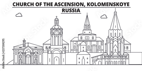 Russia - Kolomenskoye, Church Of The Ascension travel famous landmark skyline, panorama vector. Russia - Kolomenskoye, Church Of The Ascension linear illustration