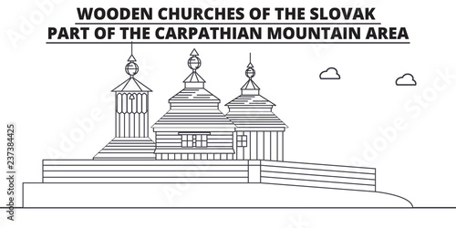 Slovakia - Wooden Churches In The Carpathian Mountain Area travel famous landmark skyline, panorama vector. Slovakia - Wooden Churches In The Carpathian Mountain Area linear illustration