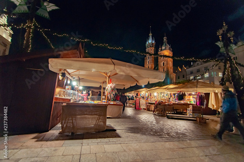 Krakow, Poland: Oldtown, The main Christmas market. St. Mary's Basilica.