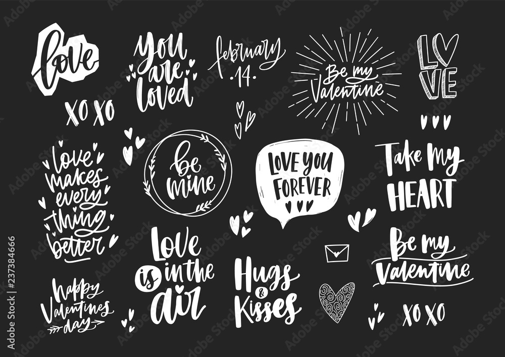 Set of elegant Valentine's day letterings, romantic phrases, quotes and holiday wishes decorated by hearts isolated on black background. Monochrome festive vector illustration for 14th of February.