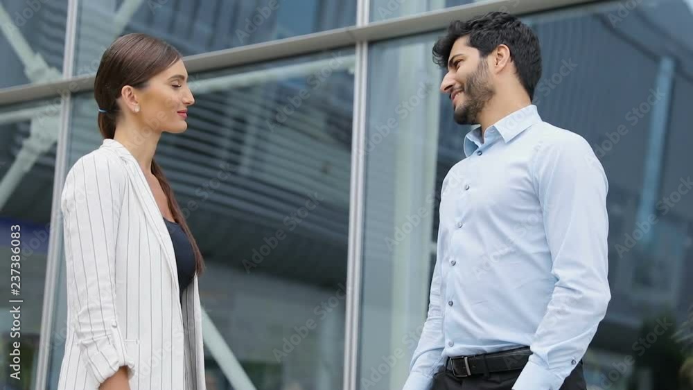 Business People Near Office Ending Meeting With Shaking Hands Business People Near Office Ending Meeting With Shaking Hands