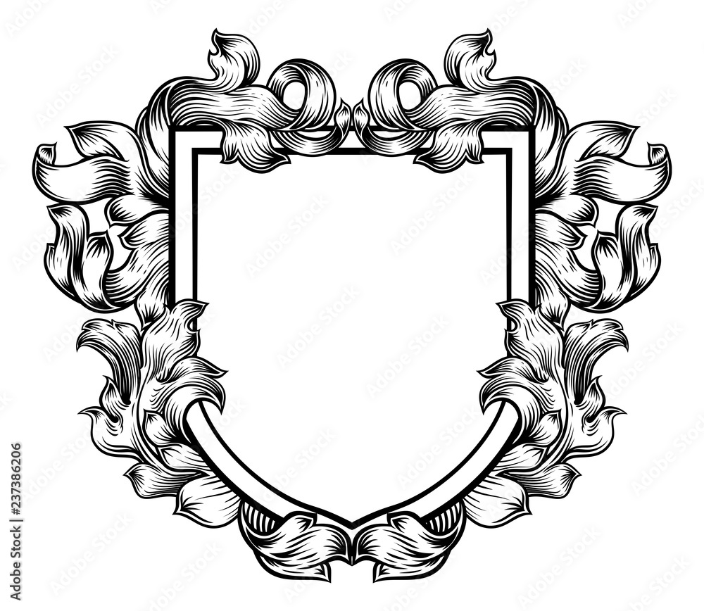 A coat of arms crest heraldic medieval knight or royal family shield.  Vintage motif with filigree leaf heraldry. Stock Vector | Adobe Stock