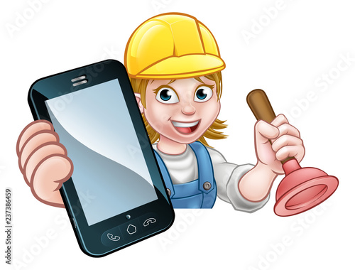 A plumber or handyman holding a plunger and phone with copyspace