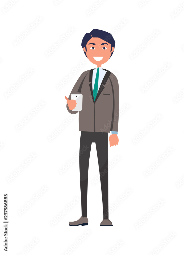Cheerful Man in Suit and Tie, Smartphone Vector Cheerful Man in Suit and Tie, Smartphone Vector