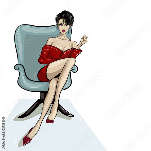 woman sitting in armchair holding in hand