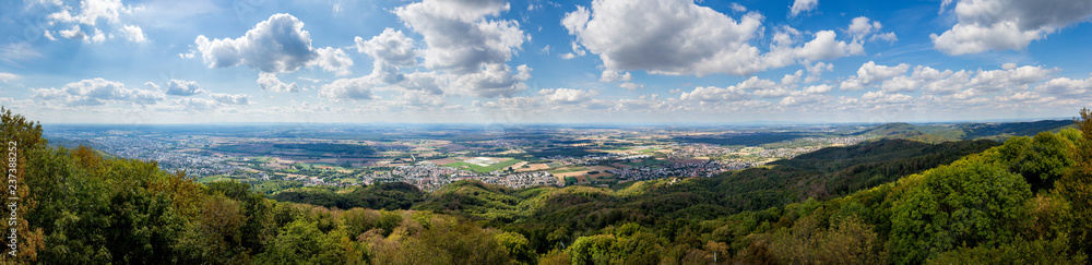 Panoramic view of south Hessia, Germany, seen from Melibokus, the highest mountain of the forest of odes. - obrazy, fototapety, plakaty 
