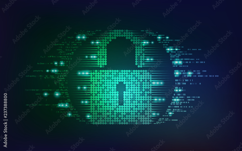 concept of online security, shape of futuristic key combined with binary and program code concept of online security, shape of futuristic key combined with binary and program code