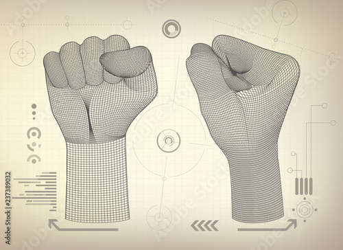 drawing blueprint of wireframe fist; scientific interface; abstract technology background; 