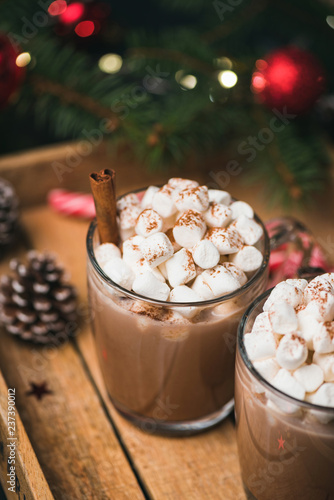 Hot Chocolate With Marshmallows Cinnamon on wooden background. Closeup view, selective focus
