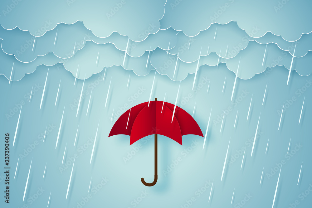 Umbrella with heavy rain, rainy season, paper art style
