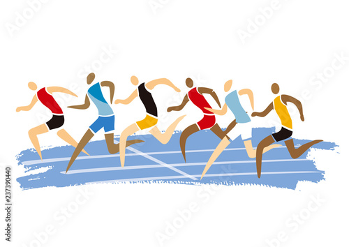 Male athletics runners,running race.
Colorful stylized illustration of race runners on  expressive brush stroke background. Vector available. 