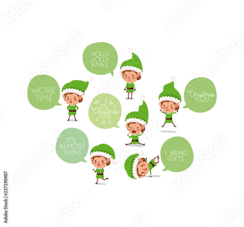 cute santa helpers with speech bubbles