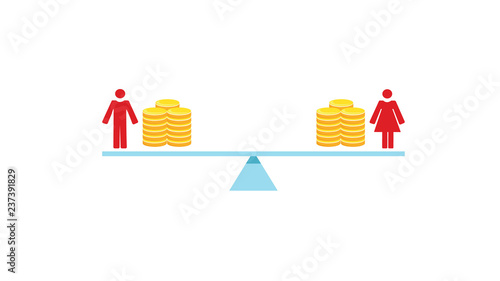 Vector image of a man and woman balancing on scales with coins, depicting the gender pay equality