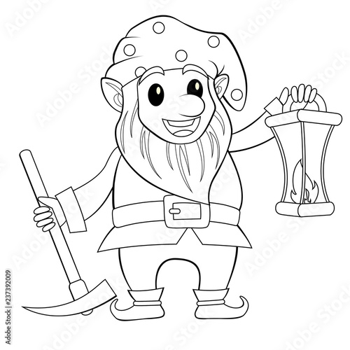 Fairy tale gnome with lamp. Dwarf. Elf. Black and white vector illustration for coloring book