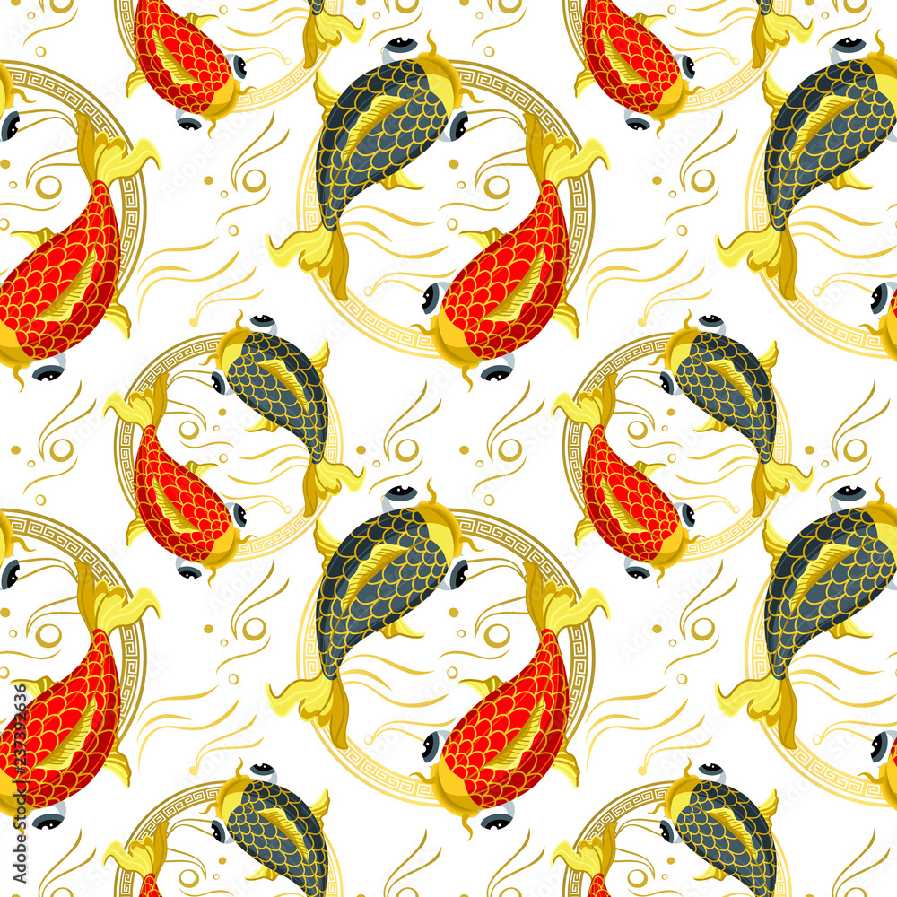 Vector Carps seamless pattern with koi fishes top view background. Nice wrapping paper or textile repeatable print. Vector Carps seamless pattern with koi fishes top view background. Nice wrapping paper or textile repeatable print.