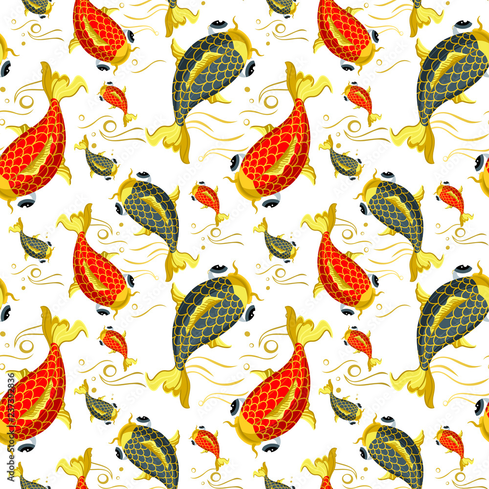 Obraz premium Carps seamless pattern with koi fishes top view background. Nice wrapping paper or textile repeatable print