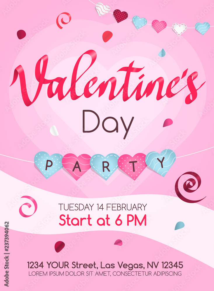 Happy valentine's day party poster invitation template with hearts and rose petals. Paper cut style. Easy to use for your website or invitation card.