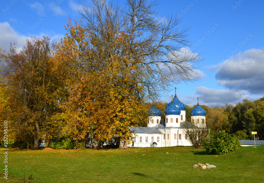 Temple in the Yuryev Monastery in Veliky Novgorod on a sunny autumn day, Russia.