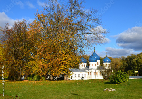 Temple in the Yuryev Monastery in Veliky Novgorod on a sunny autumn day, Russia.