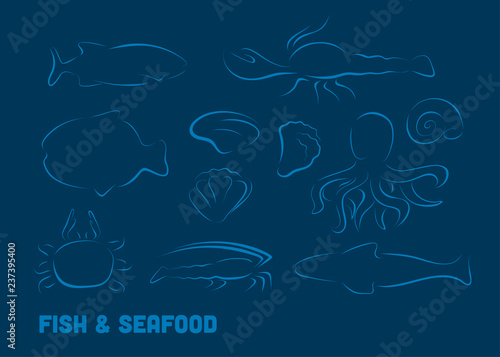 set of seafood and fish icons blue brushstroke illustration
