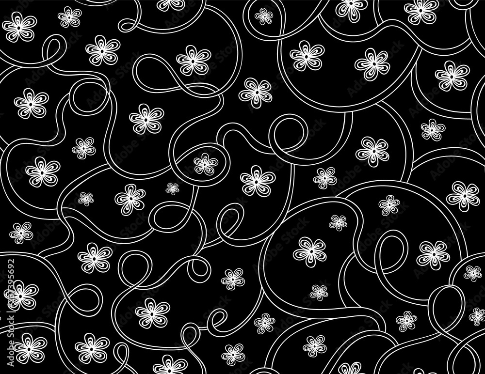 Floral decorative vector seamless pattern with handwritten flowers and curling lines