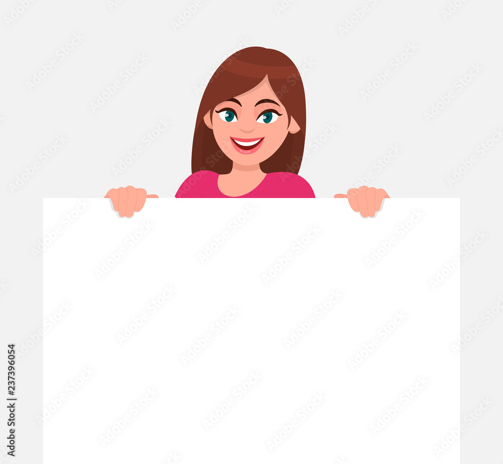 Young beautiful woman smiling and holding a blank / empty sheet of white paper or board. Woman showing a empty poster. Human emotion & body language concept illustration in vector cartoon flat style.