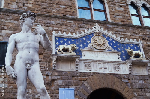 Copy of David statue by Michelangelo Buonarroti in front of Palazzo Vecchio in Florence, Italy