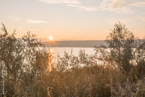 Fototapeta Naklejka Na Ścianę i Meble -  sunrise on the autumn lake, view from the bushes of reed