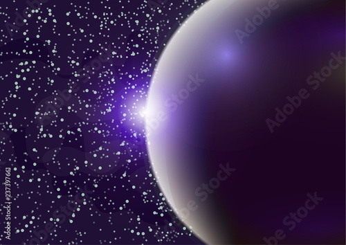 Fototapeta Naklejka Na Ścianę i Meble -  Abstract universe with planets and bright stars. Effects of halo light on a dark background, flashes of light. Vector space illustration.