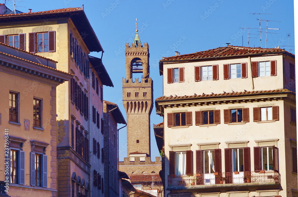 Tower of Palazzo Vecchio view from Santa Croce square, Florence, Italy