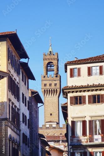 Tower of Palazzo Vecchio view from Santa Croce square, Florence, Italy