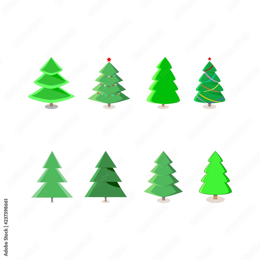 Winter colorful cartoon Christmas tree vector set. Symbol of winter, decoration and holiday season. Isolated graphic element. Flat vector image. Vector illustration