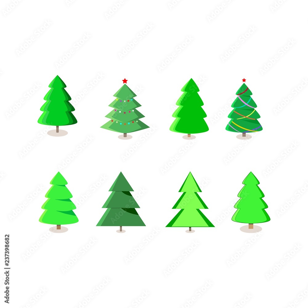 Winter colorful cartoon Christmas tree vector set. Symbol of winter, decoration and holiday season. Isolated graphic element. Flat vector image. Vector illustration