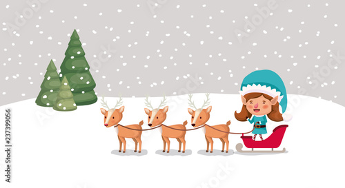 cute girl santa helper with sled and reindeer