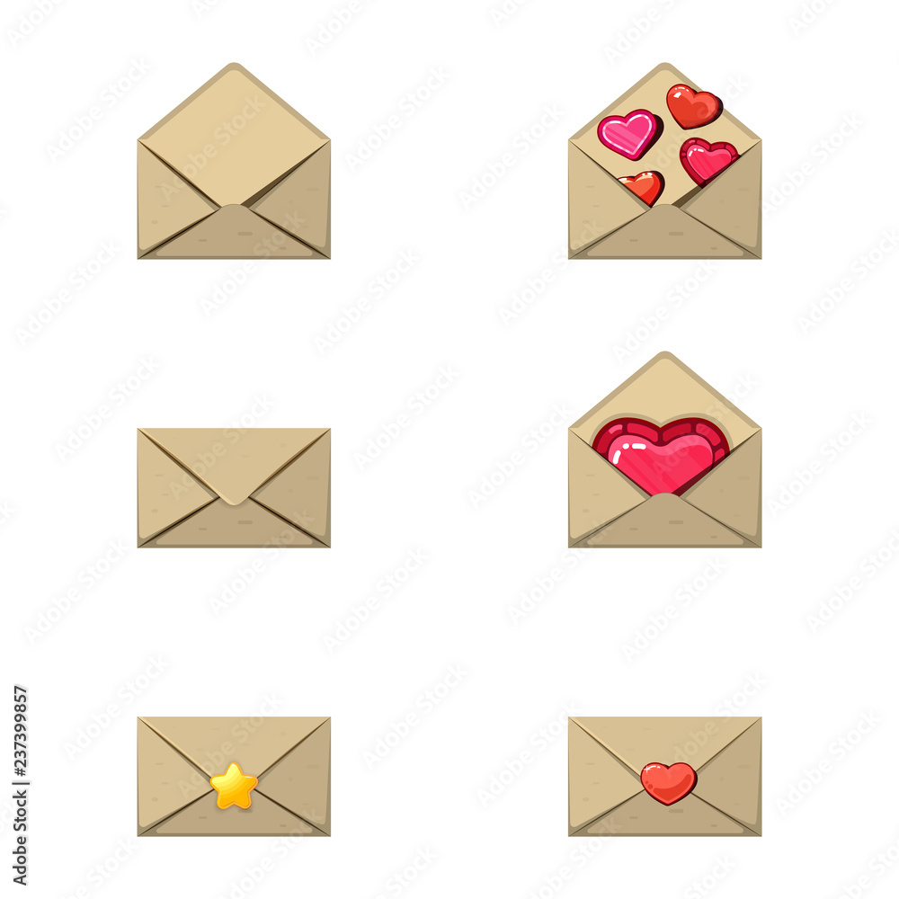 Envelope and heart stamp. A love message, empty a few hearts and a star. Game design style Envelope and heart stamp. A love message, empty a few hearts and a star. Game design style