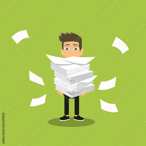Businessman holds pile of office papers and documents. Documents and file. Routine, bureaucracy, big data, paperwork, office. Vector illustration in flat style