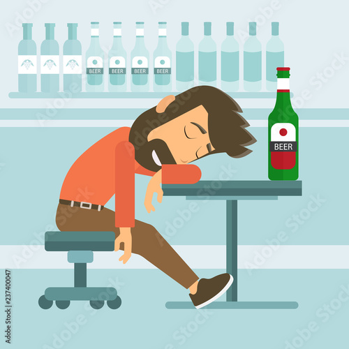 Drunk man fall asleep in the pub. Flat vector illustration