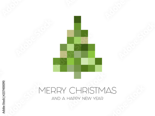 Funny Christmas greeting card with pixel tree in green colors. Holiday greeting for corporate clients, IT community, developers, designers and web specialists.