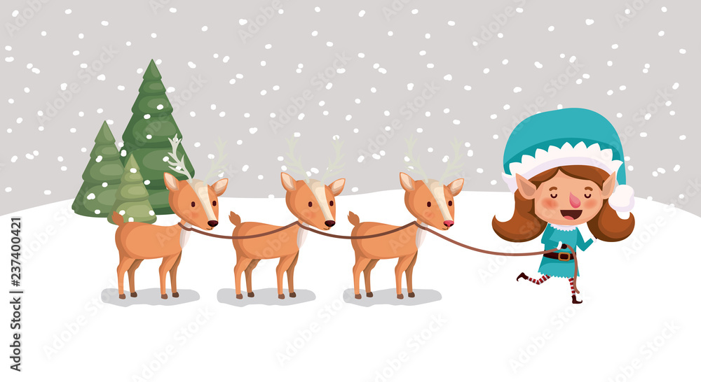 cute girl santa helper with reindeer in snowscape cute girl santa helper with reindeer in snowscape