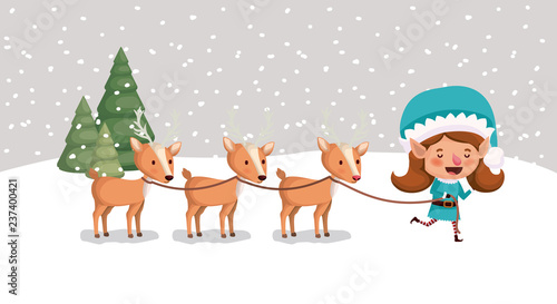 cute girl santa helper with reindeer in snowscape