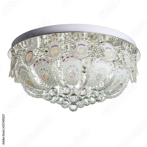 Crystal Chandelier. Ceiling lamp made of metal and crystal. Isolated object on white background