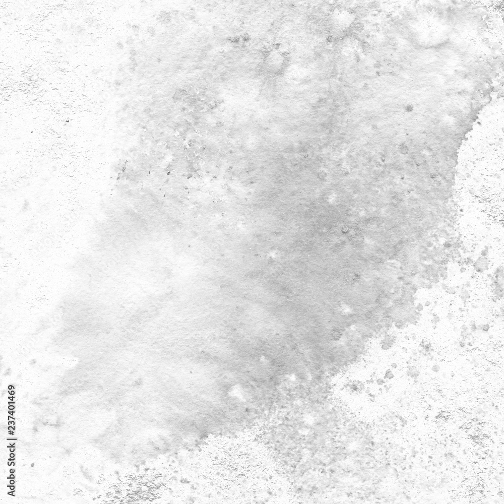 Fototapeta premium Silver watercolor texture with abstract washes and brush strokes on white paper background. Trendy look. Chaotic abstract organic design.