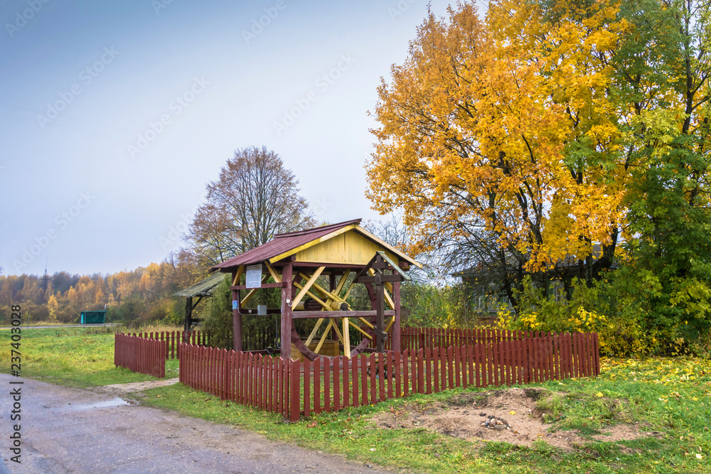 Holy well in the village of Priskokovo on autumn day, Kostroma region.
